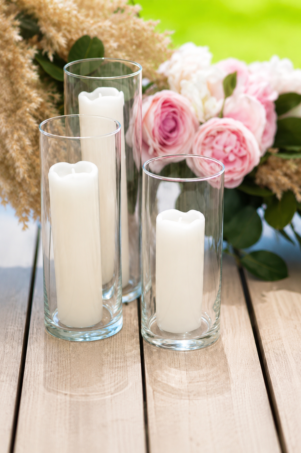 3 Glass Pillar Vases