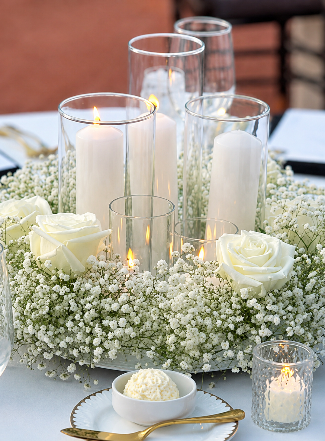Simple Gypsophilia & White Rose Flower Ring With 3 Pillar Vases & Candle Wax
