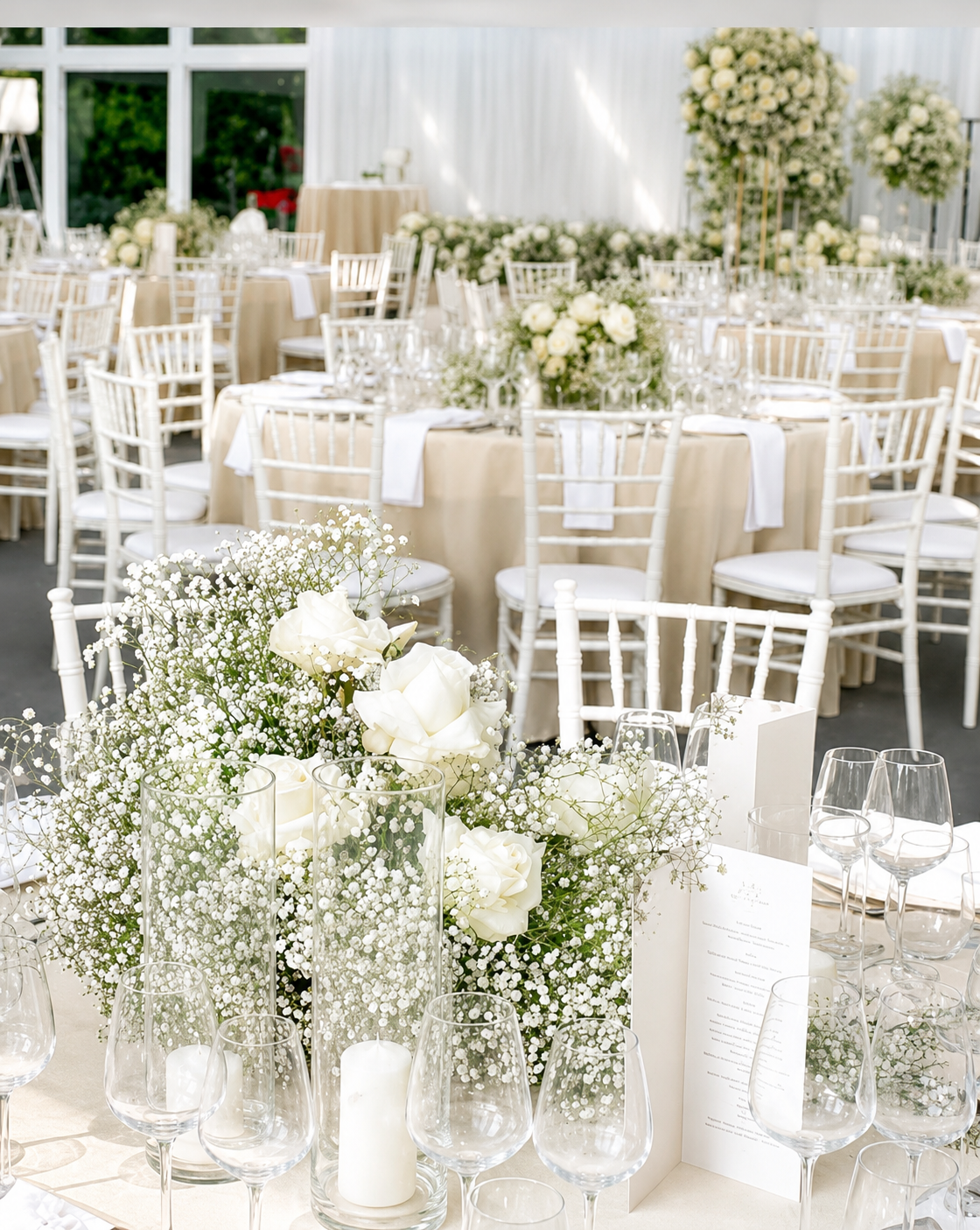 Luxury White Rose & GYP Cluster Arrangement & 3 Pillar Glassware With Wax Candles