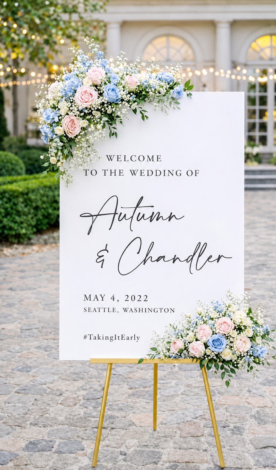 WELCOME TO OUR WEDDING SIGN EASEL & FLOWERS