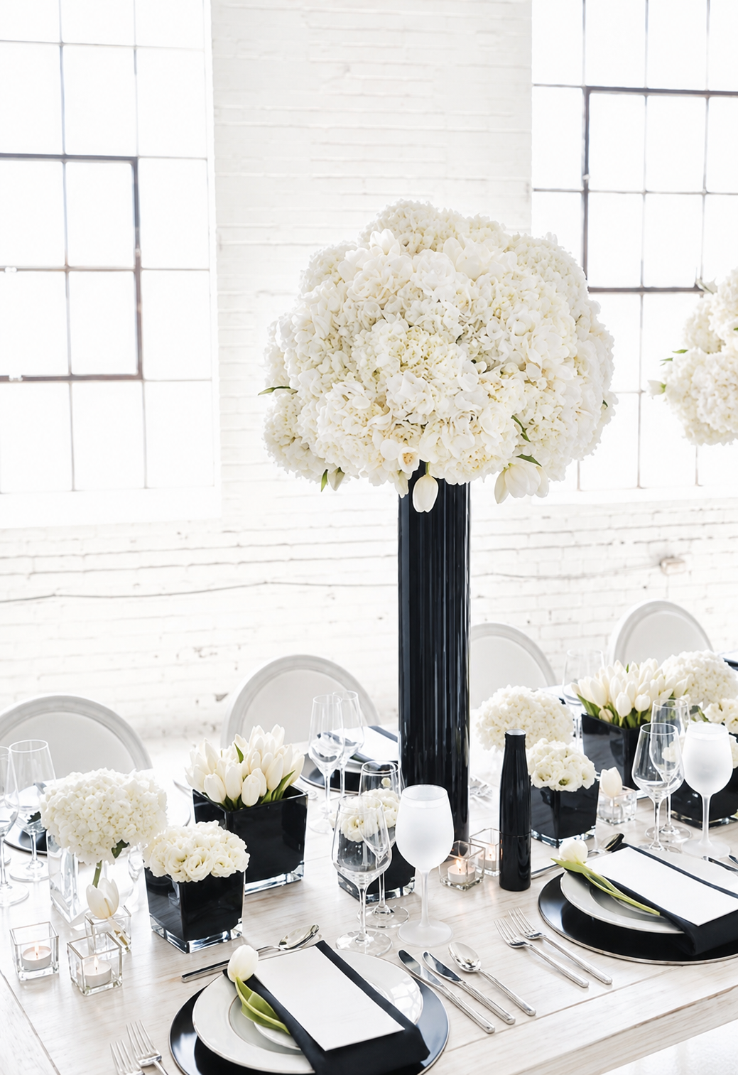 BLACK VASE & WHITE HYDRANGEA FLOWER TOP FINISH