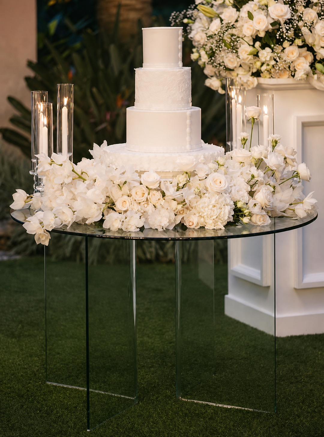 ROSE & ORCHID CAKE TABLE FLOWERS & GLASS TABLE WITH 4 CANDLE TAPER HOLDERS AND CANDLES