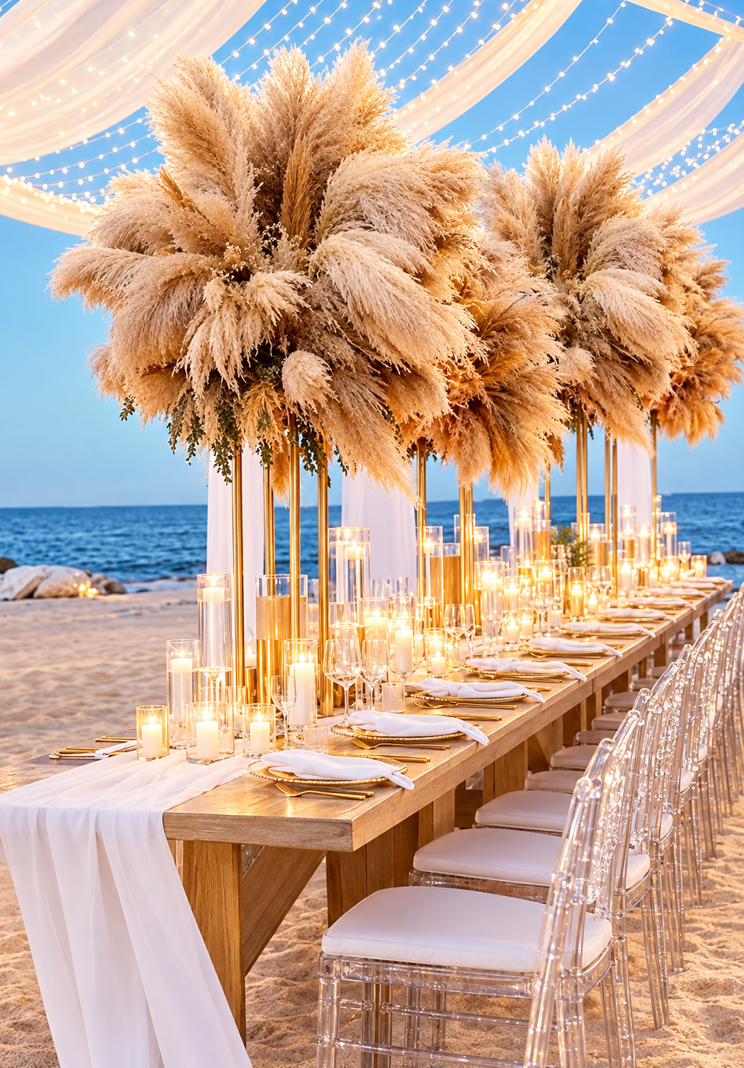 OVERSIZED PAMPAS COLUMNS ON 60CM GOLD COLUMN STANDS