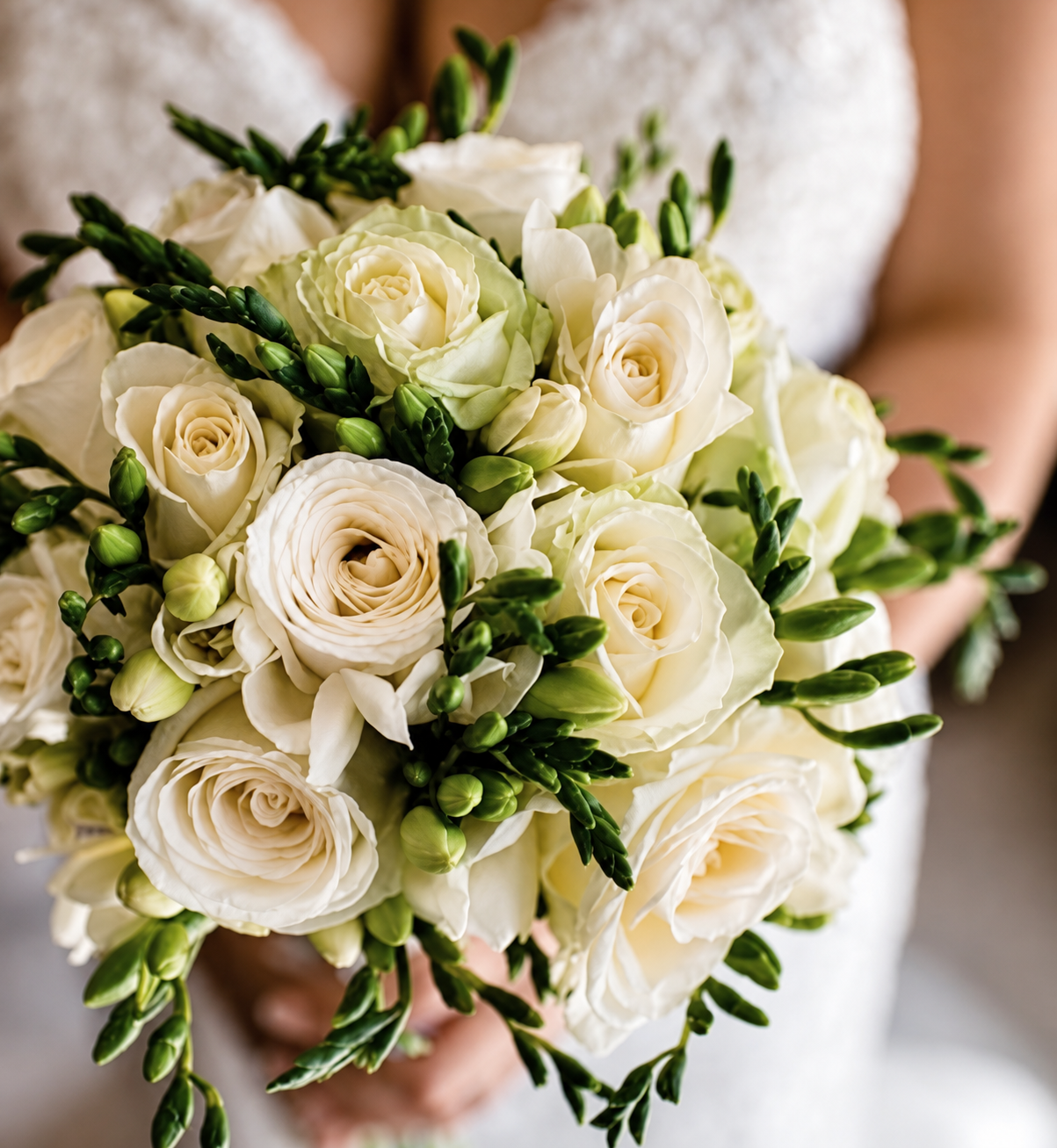 White Round Rose Based Bridal Bouquet