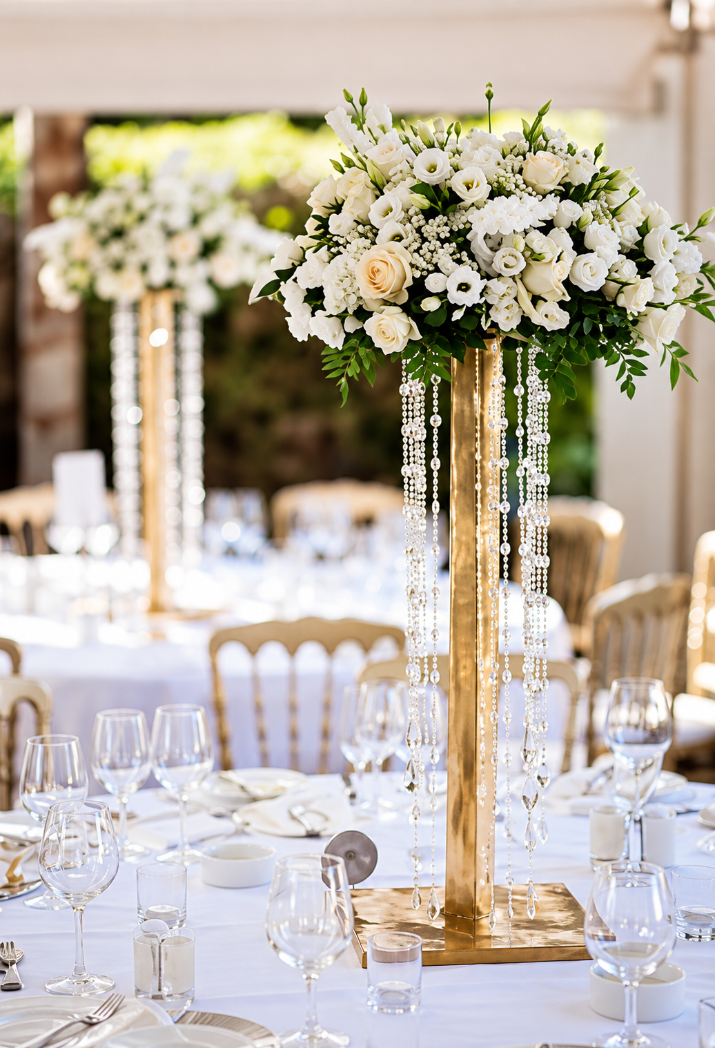 3 Gorgeous White & Blush Flower Timeless Arrangement on a Gold Candelabra Flower Stand