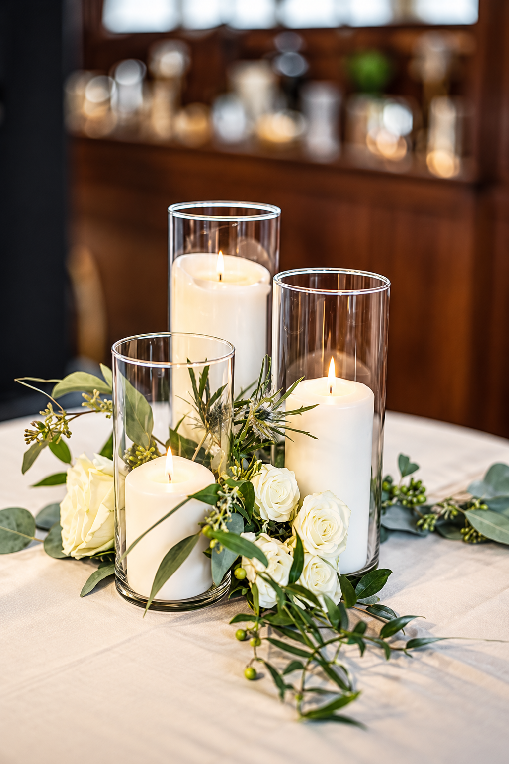 3 Pillar Glass Foliage & Rose
