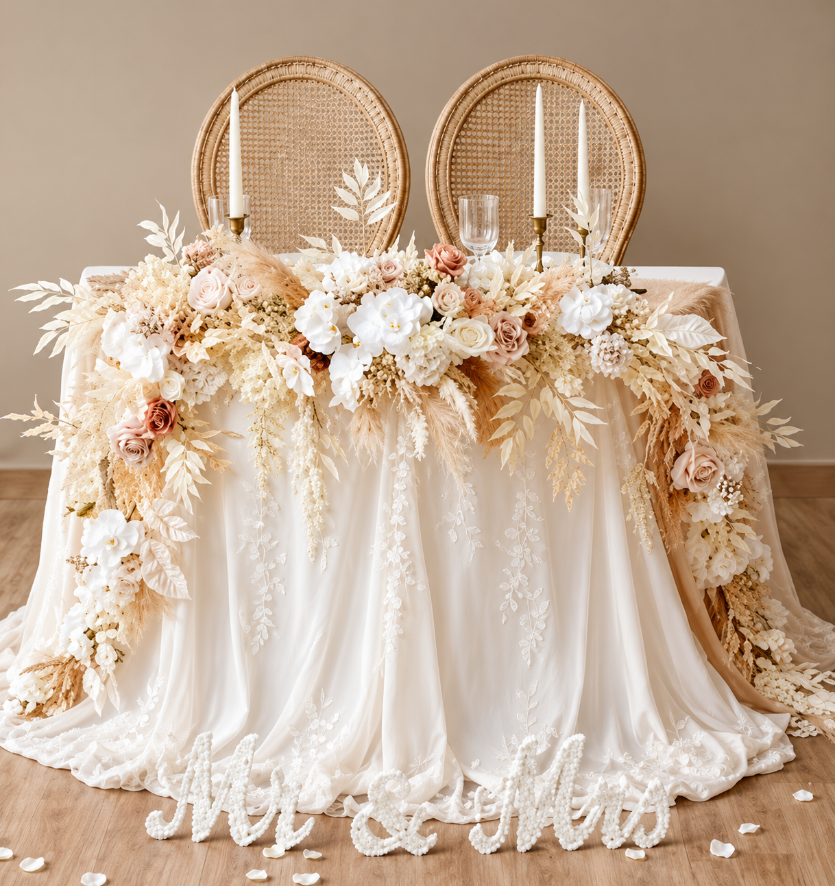 Fern & Dried Flower & Rose Runner Full Length & 3 Candlesticks