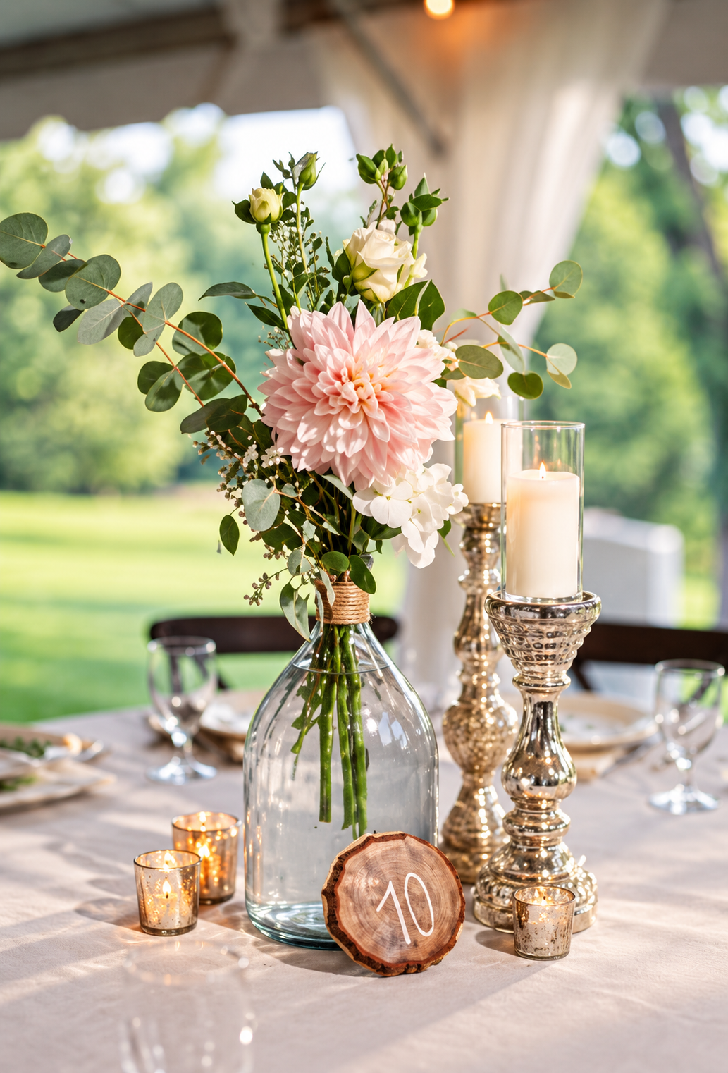 Glass Vase with Hessian Rope and Flowers 2 Pillars and 2 Votive Holders