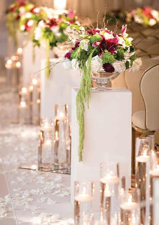 Stunning White Podium with Flower Arrangment and Set of 3 Tall Glassware & Floating Candles