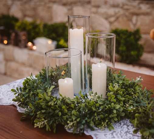 Gorgeous Glassware & Artificial Candles With A Full Buxus Foliage Ring