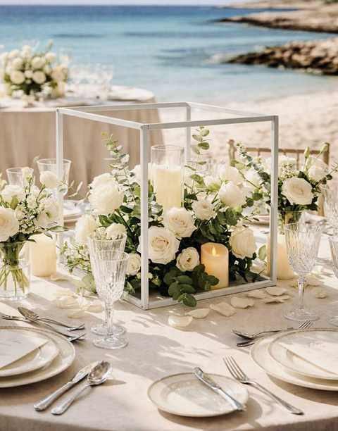 White Cube Table Centrepiece White Roses & Foliage With Candles