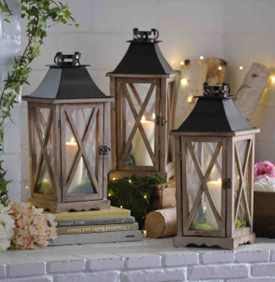 Set of 3 Rustic Metal & Wooden Lanterns
