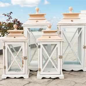 Set of 4 White & Wooden Lanterns