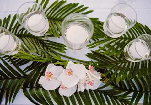Modern Leaf & Orchid Large Centrepiece with Pillar Glass Vases & Artifical Candles