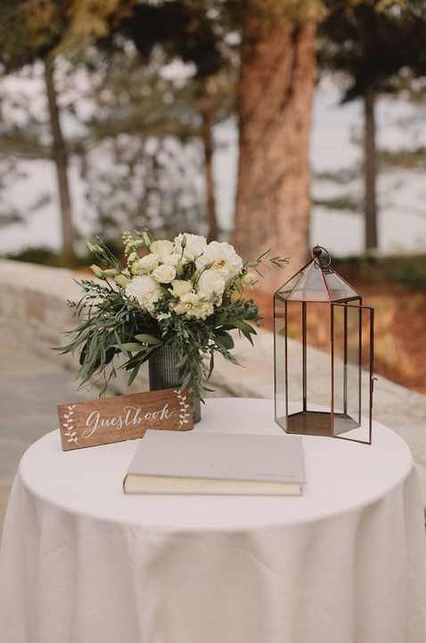 Glass Geo Post Box Bronze with Guestbook Rustic Sign & Flower Vase Arrangement