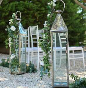 Set of 2 Chrome Oversized Lanterns Traditional Style with Candles & Hanging Flowers