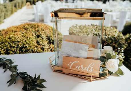 Gold Glass Letterbox Wedding Post White Roses & Euc & Acrylic Sign