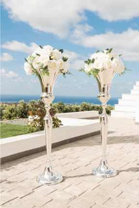 Pair of Gorgeous Floor Standing Silver Trumpet Stands Complete With Flowers