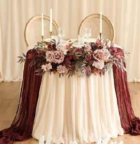Luxury Fern & Dried Flower & Rose with Material Runner Table Topper & 3 Candlesticks