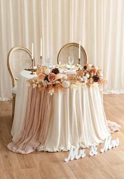 Burnt Orange Rose & Dried Flower Fern with Material Runner Table Topper & 3 Candlesticks