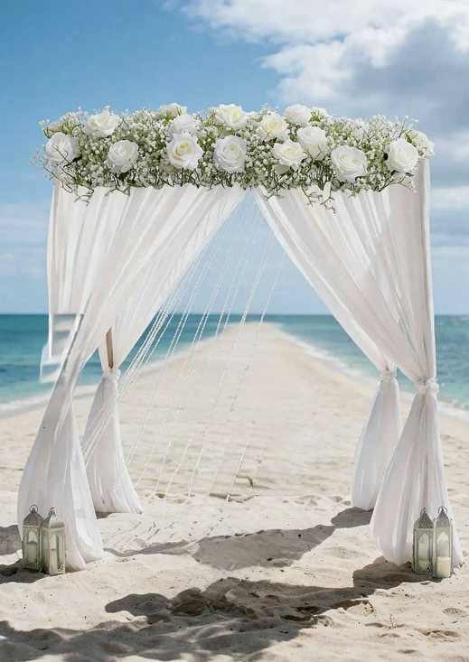 4 Poster White Gazebo White Rose & Gyp Arch With White Chiffon Drapes