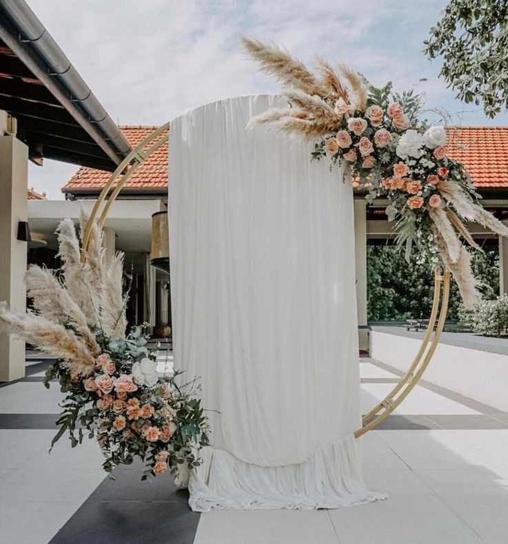 Oversized Pampas Hoop with Peach & Ivory Roses & Drape