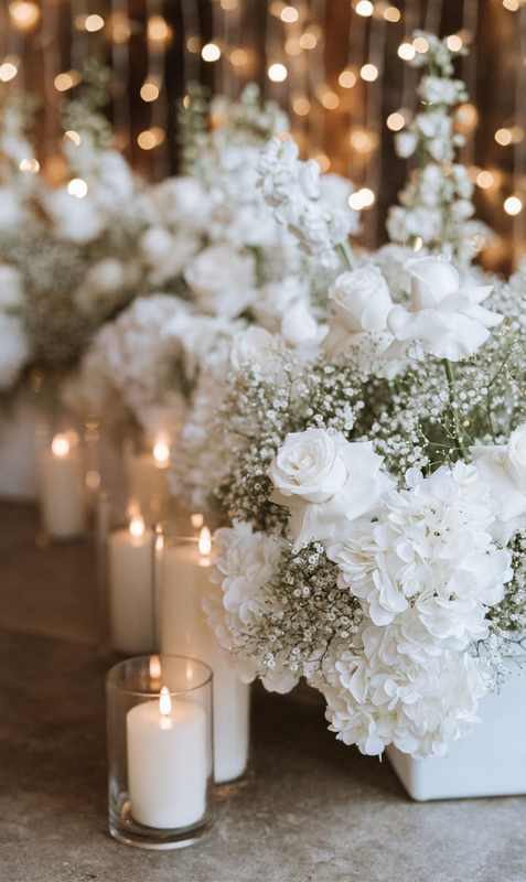 Luxury White Rose & Gyp Flower Boxes & 6 Floor Standing Wax Candles